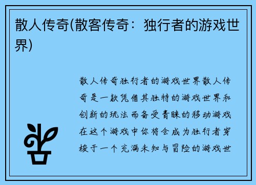 散人传奇(散客传奇：独行者的游戏世界)